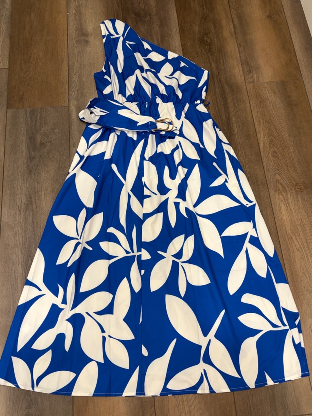 One-Shoulder Blue & White Leaf Print Midi Dress